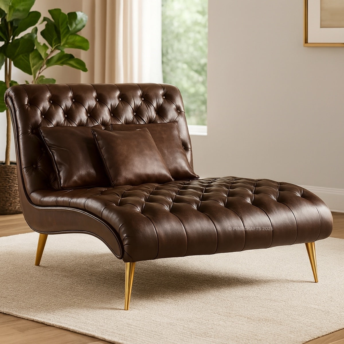 Brown leather chaise lounge with tufted backrest in a room with a plant and window.
